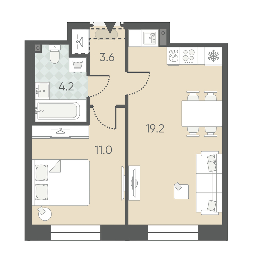 1-комнатная квартира 38 м², 2/12 эт., ЖК «Большая Охта»